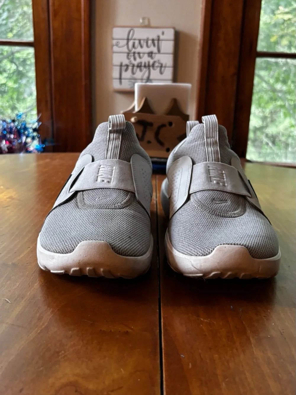 Nike Light Gray/White Slip-On Sneakers with Black Swoosh